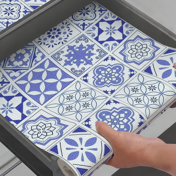Blue Tile Shelf Liner Non-Adhesive Cabinet Liners Strong Grip Non-Slip Kitchen Drawer Liners for Cupboard Pantry Shelves Waterproof Kitchen Cabinet Mat Washable Shelf Paper 11.8in x 10FT