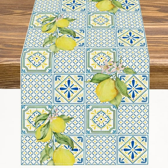 Blue Tiles Lemon Table Runner Fruit Chic Retro Rustic Kitchen Dinner Runner for Indoor Home Living Room Party Dining Table Decoration 13.8"x90"