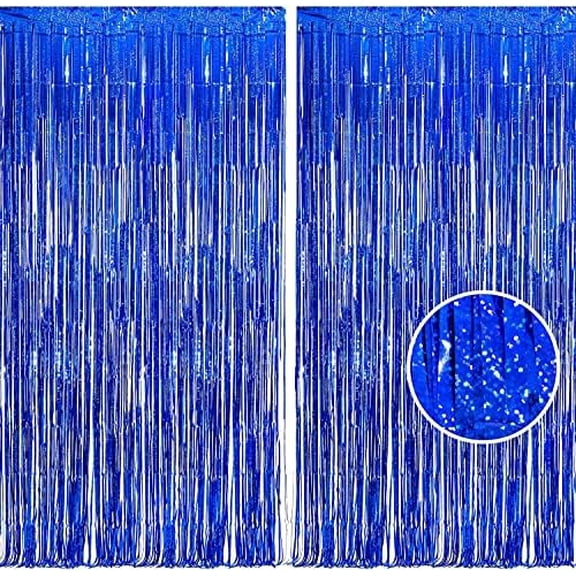 Blue Tinsel Foil Fringe Curtains - 2Pcs 3.2x8.2 ft Metallic Holidays Photo Backdrop for Boys Men Birthdays Homecoming Bachelor Bachelorette Engagement Sea Theme Ramadan Party Decorations
