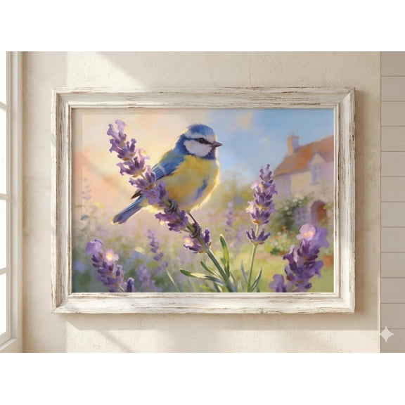 Blue Tit Lavender British Garden Wildlife Cottagecore Poster Unframed Paper Print