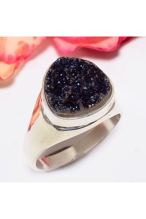 Blue Titanium Drusy 925 Sterling Silver Designer Handmade Ring s.8 T2723, Drusy Quartz Ring, Christmas Gift, New Year Sale, Gemstone Silver Jewelry
