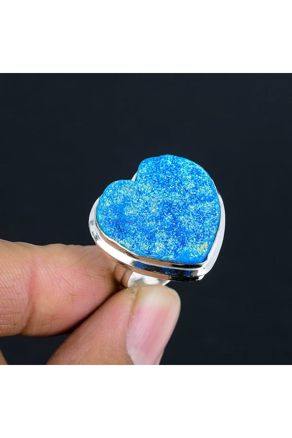 Blue Titanium Druzy 925 Sterling Silver Gemstone Jewelry Adjustable Ring VJ 908