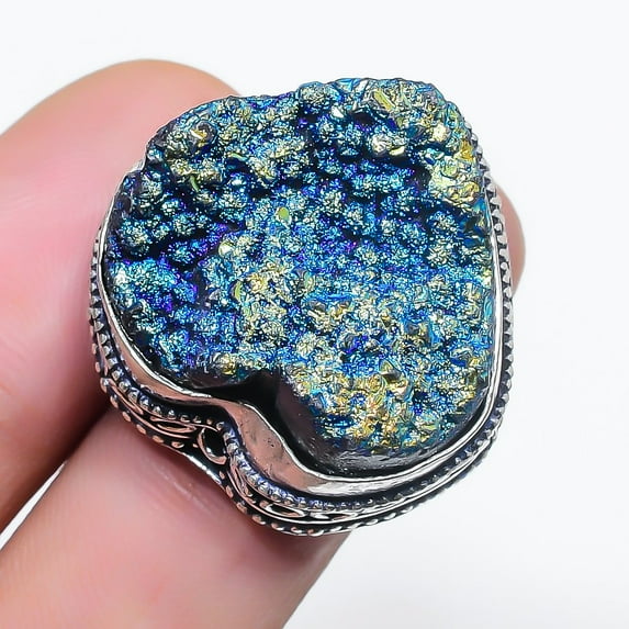 Blue Titanium Druzy Gemstone Ring Handmade Antique Vintage Jewelry 5.25" VR 1426