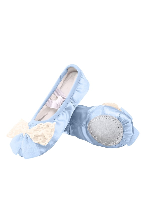 Blue Toddler Girls' Bow Dance Shoes With Soft Sole And No-Tie Elastic Strap, Made Of Blend Fabric For Dance Practice And Ballet