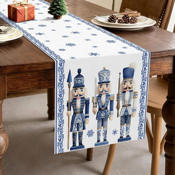 Blue Toile Christmas Nutcracker Table Runner Winter Holiday Decor