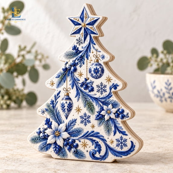 Blue Toile Christmas Tree 3Layer Wooden Block Shelf Decor - Walmart.com