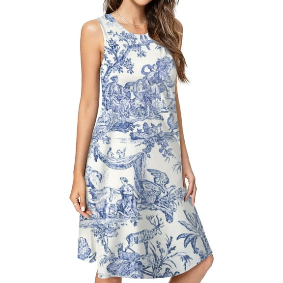 Blue Toile De Jouy Casual Sleeveless Loose Sundress Dress For Women Summer Dress Daily Woman