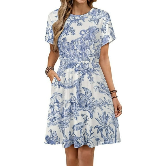 Blue Toile De Jouy Dress Summer Street Style Dresses Female Short Sleeve Printed Sundress