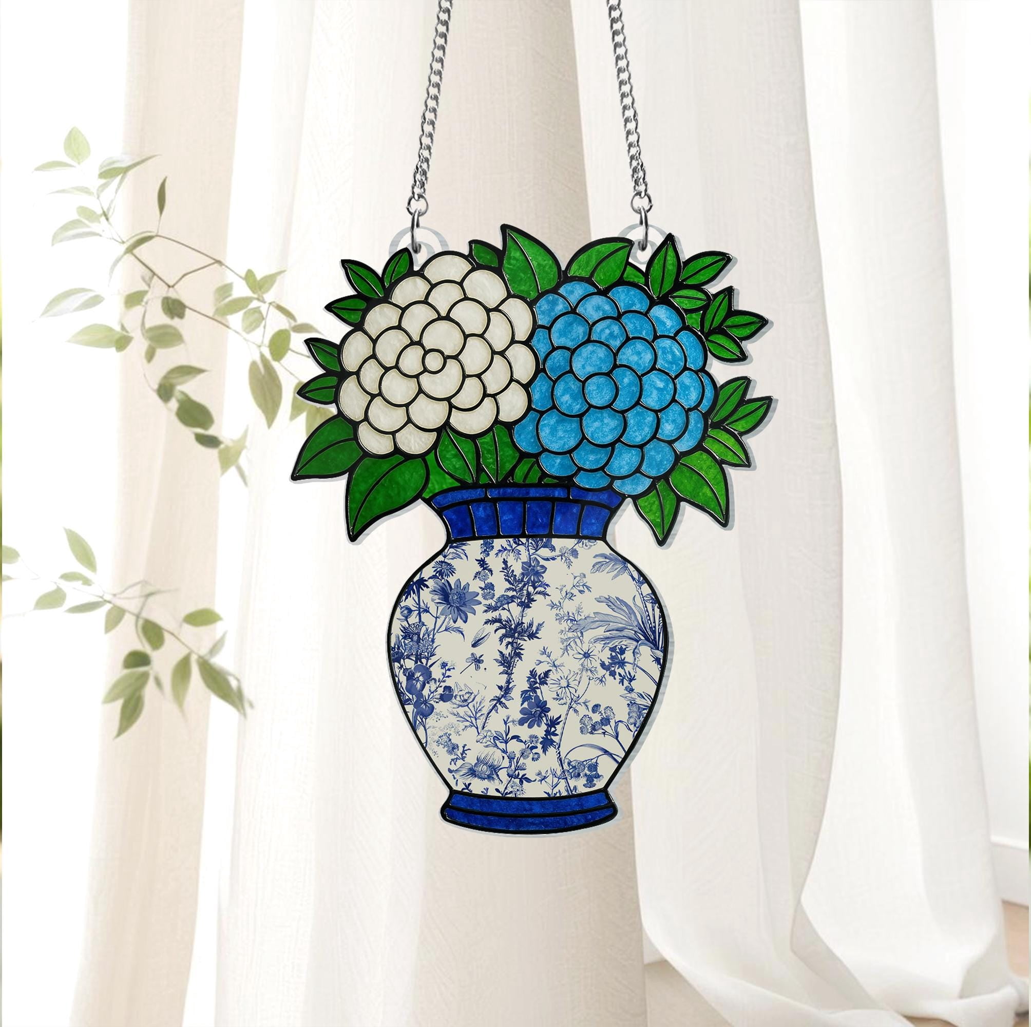 Blue Toile De Jouy Flower Vase Acrylic Suncatcher Hydrangea blue-toile-de-jouy-flower-vase-acrylic-suncatcher-hydrangea