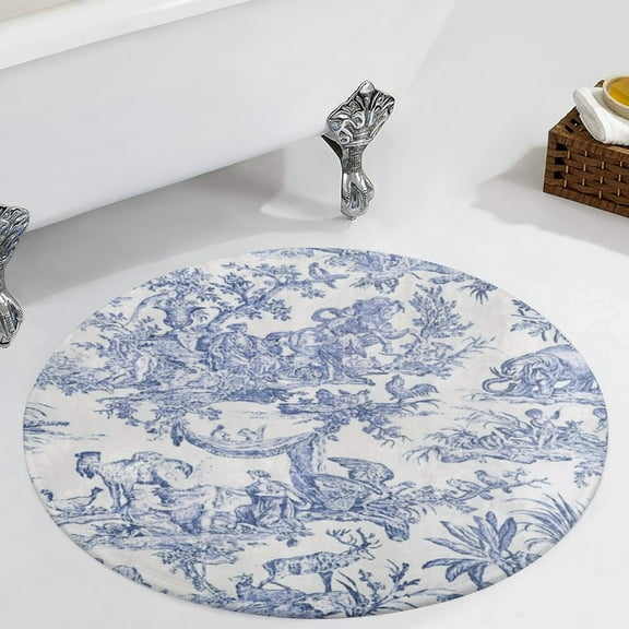 Blue Toile De Jouy Round Carpet Circle Rug Outdoor Patio Area Rug Washable Large Area Rugs Hallway Room Decor Fitness Mats