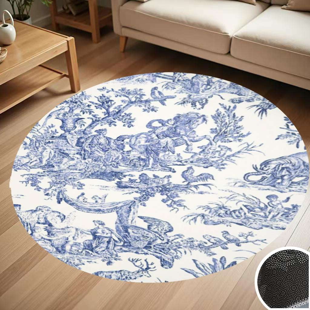 Blue Toile De Jouy Round Carpet Living Room Bedroom Home Decoration ...
