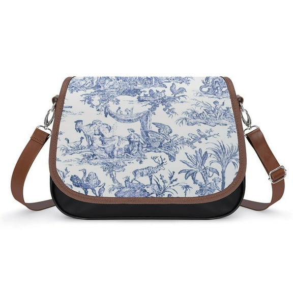 Blue Toile De Jouy Vintage Crossbody Bag for Women Medium Leather Hobo Bags Shoulder Bag Classic City Leather Satchels
