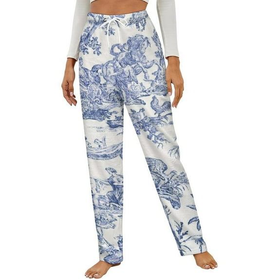 Blue Toile De Jouy Winter Female Pants Flannel High Waist Women Pants Lady Warm Straight Leg Plush Trousers