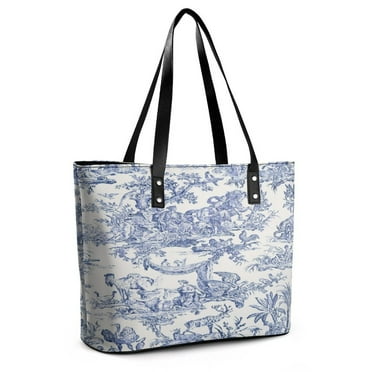 Blue Toile De Jouy Woman Leather Handbags Large Tote Bag Fashion Portable Handbags With Zipper