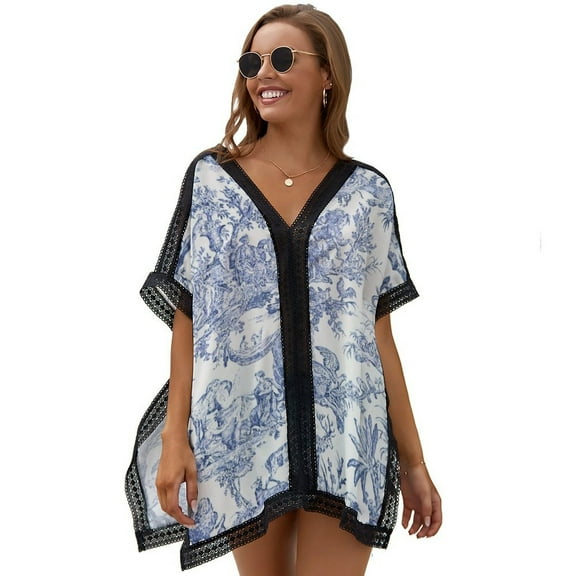 Blue Toile De Jouy Women's Swimsuit Coverup Summer Beach Cover Up Bathing Suit Dress