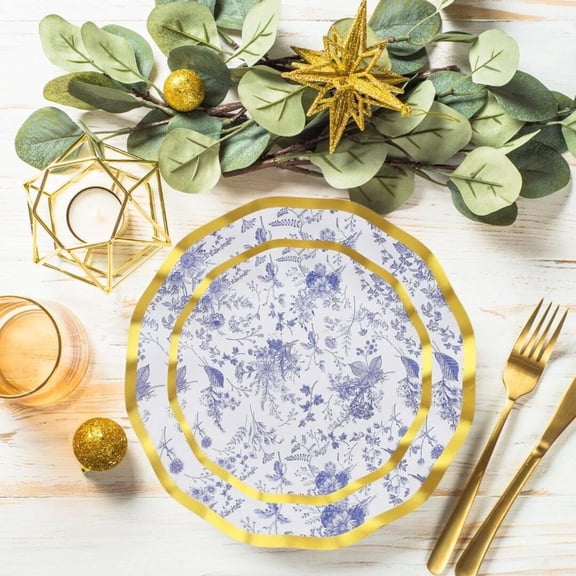 Blue Toile Paper Party Plates: Scallop Rim, Floral Design Set of 25
