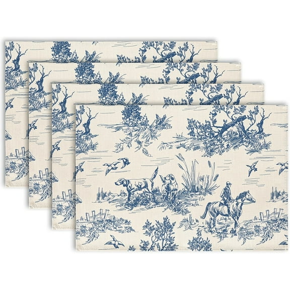Blue Toile Placemats 12 x 18 Inch Set of 4, French Country Decorative Place Mats Non-Slip Washable Farmhouse Table Mats for Kitchen Dining Home Party Indoor Outdoor Table Decor