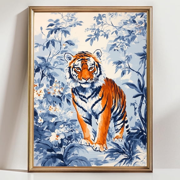 Blue Toile Tiger Botanical Wall Art Decor Unframed Paper Print