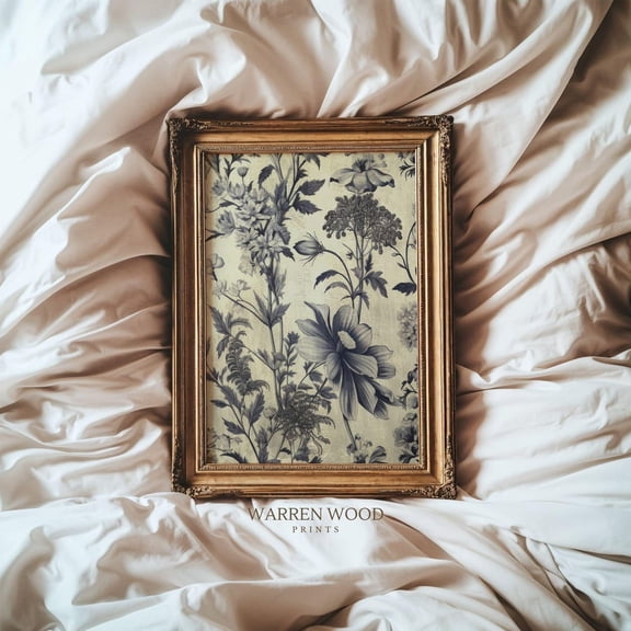 Blue Toile Vintage Floral Rustic Beige Dusty Denim Blue Wall Art UNFRAMED PAPER POSTER