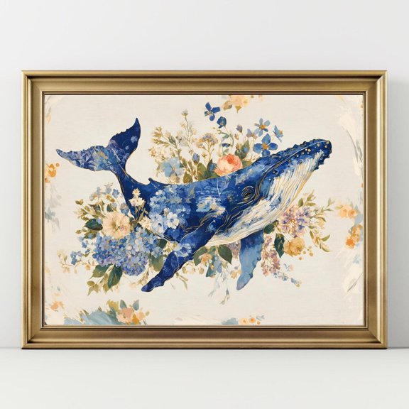 Blue Toile Whale Coastal Botanical Wall Art Decor Unframed Paper Print