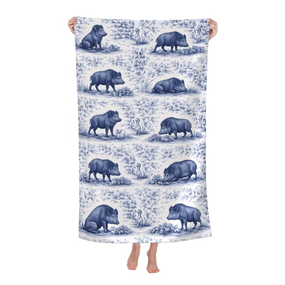 Blue Toile Wild Boar Pattern Bath Towel Soft and Highly Absorbent for Adults