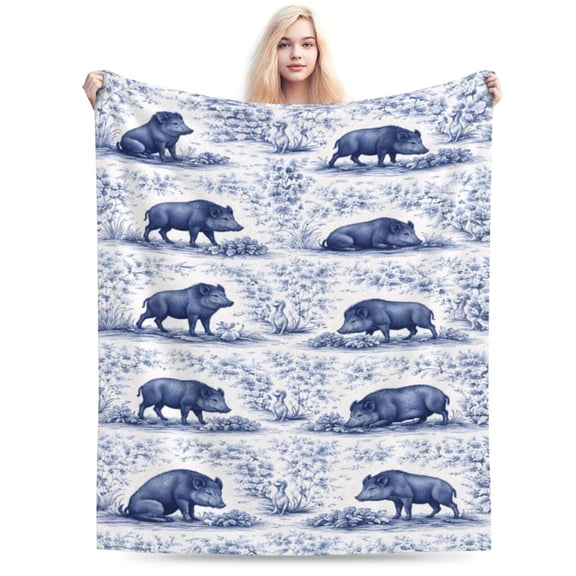 Blue Toile Wild Boar Pattern Throw Blanket, Soft Decorative Blanket for Sofa Couch Bed Vintage Home Décor 50x40