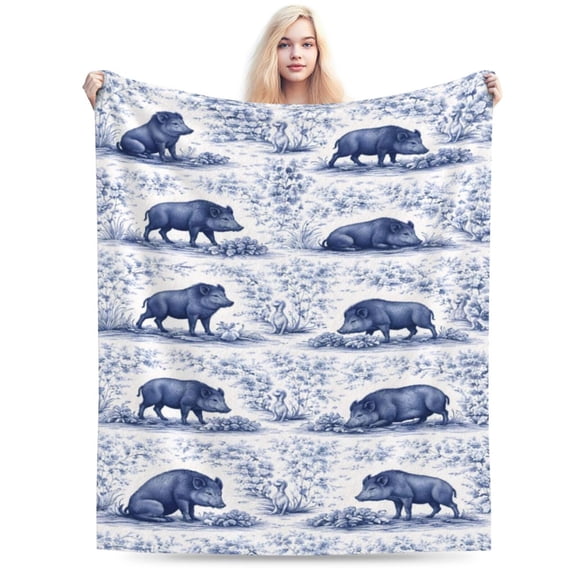 Blue Toile Wild Boar Pattern Throw Blanket, Soft Decorative Blanket for Sofa Couch Bed Vintage Home Décor 50x40