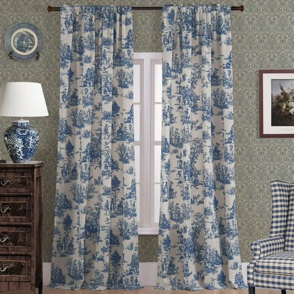 Blue Toile Window Curtains Drapes for Living Room 84 Inch Length 2 Panels Set Long Sheer Cotton Textured French Country Floral Vintage Victorian Semi Blackout Farmhouse Darkening Curtain for Bedroom