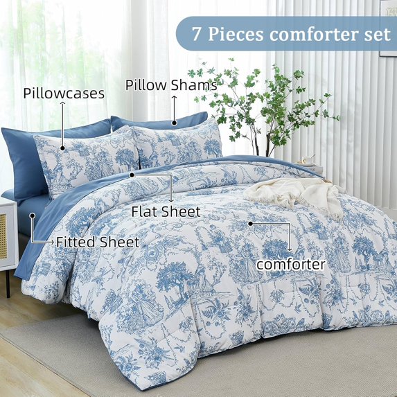 Blue Toile de Jouy Botanical Comforter Set Queen 7 Piece Bed in a Bag with Soft Microfiber Sheets and Pillow Shams