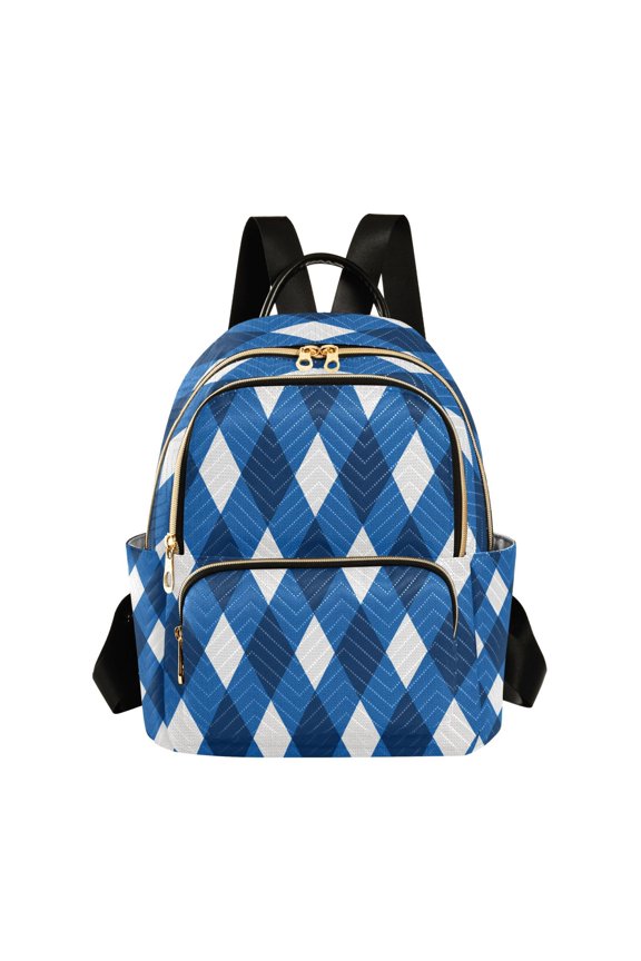 Blue Tone Argyle Pattern Plaids Quilted Backpack Fashion Daypack Commuter Bag for Women 8.5 L
