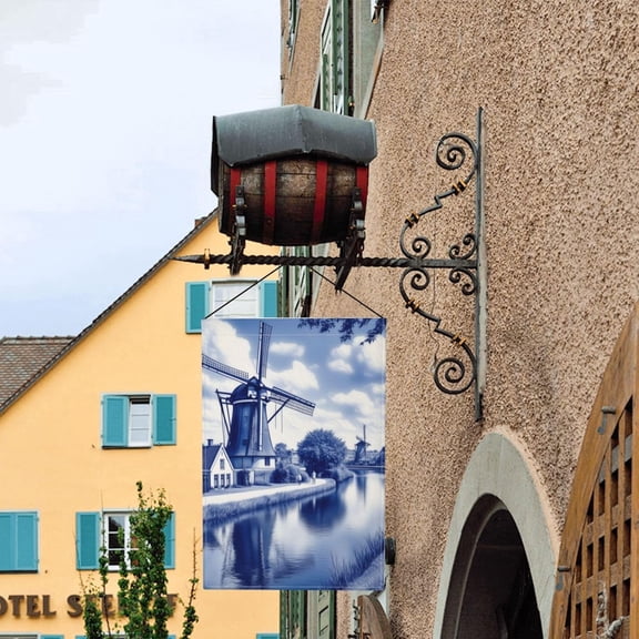 Blue-Toned Dutch Windmill Canal Art Vintage Landscape Style Burlap Garden Flag 12x18in Double-Sided Outdoor Decor for Porch Yard