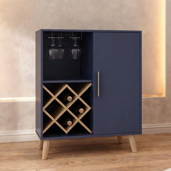 Blue-Toned Engineered Wood Low Bar Cabinet with Open Storage for Living Room Entertainment Modern Contemporary Design