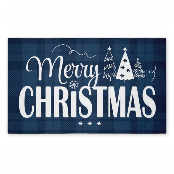 Blue Toned Merry Christmas Printed Outdoor Door Mat, design by Andrea Jasid Grassi, 18"x30"