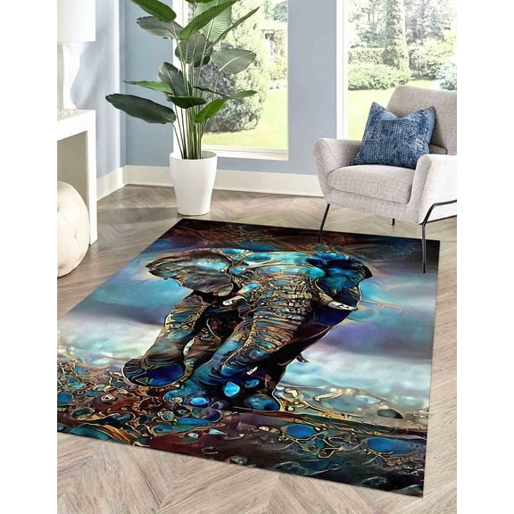Blue Tones Rug, Elephant Rugs, Farmhouse Rugs, Corridor Rugs, Animal Rug, Abstract Elephant Rug, Office Decor Rugs, Easy to Clean Rug, 3.3'x6.5' - 100x200 cm