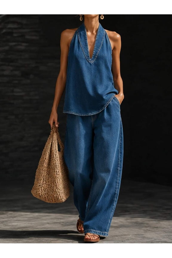 Blue Top and Wide-Leg Denim Pants Two-Piece Set