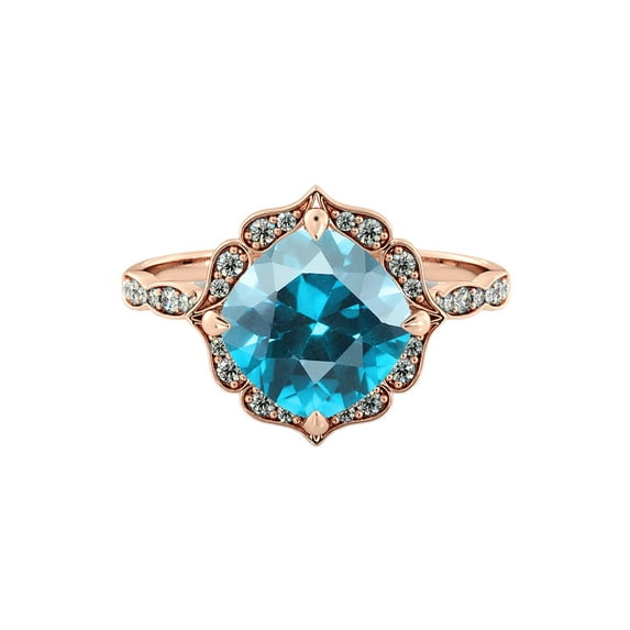 Blue Topaz 1.25 ctw Ring with Diamonds 14K Rose Gold Flower Leaves Halo