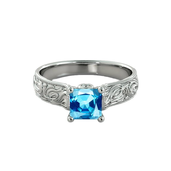 Blue Topaz 2.06 ctw Ring with Diamonds 14K White Gold Filigree Cathedral Princess