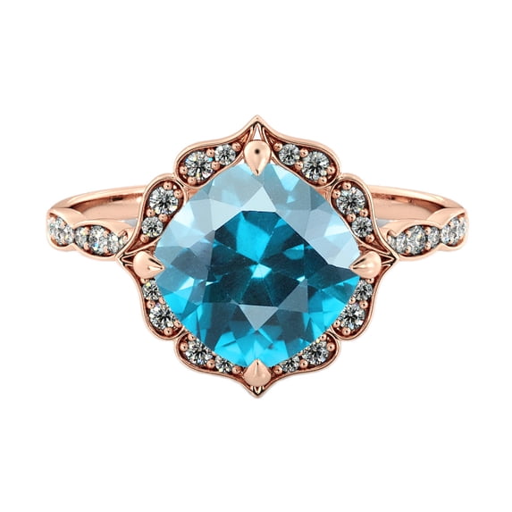 Blue Topaz 2.25 ctw Ring with Diamonds 14K Rose Gold Flower Leaves Halo