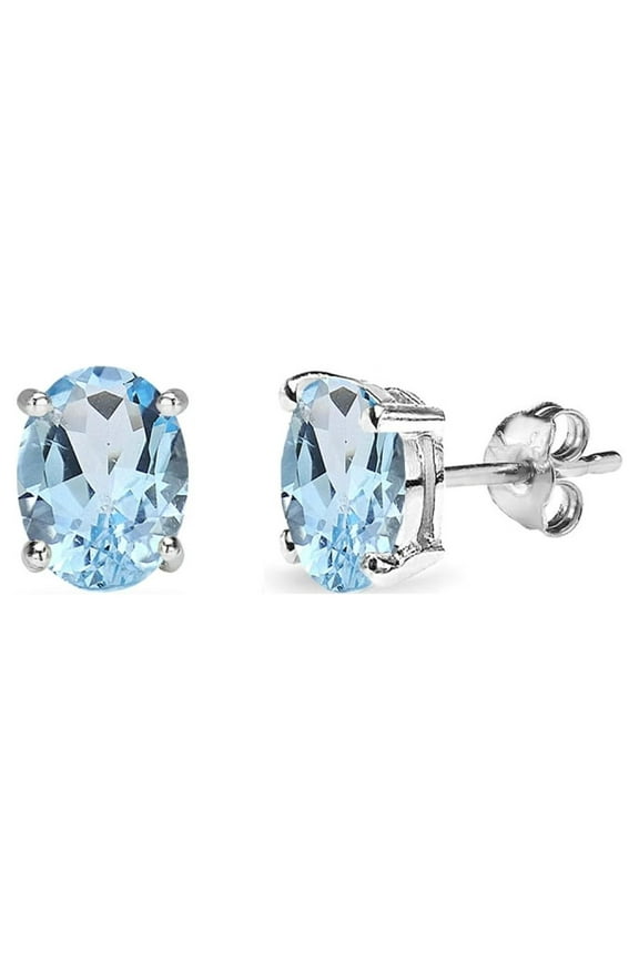 Blue Topaz 6x4mm Oval-Cut Solitaire Sterling Silver Stud Earrings