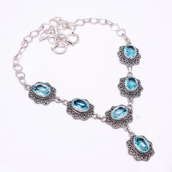 Blue Topaz & Blue Topaz Fine Art 925 Sterling Slver Necklace 17-19" N_9122_389_4, Valentine's Day Gift, Birthday Gift, Beautiful Jewelry For Woman