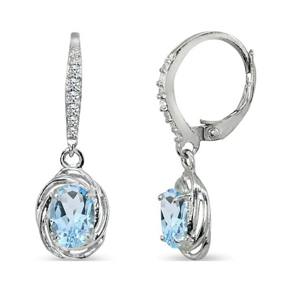 Blue Topaz & CZ 7x5mm Oval Love Knot Sterling Silver Leverback Dangle Earrings
