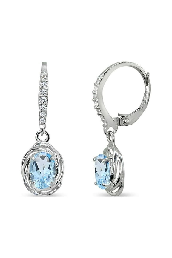 Blue Topaz & CZ 7x5mm Oval Love Knot Sterling Silver Leverback Dangle Earrings