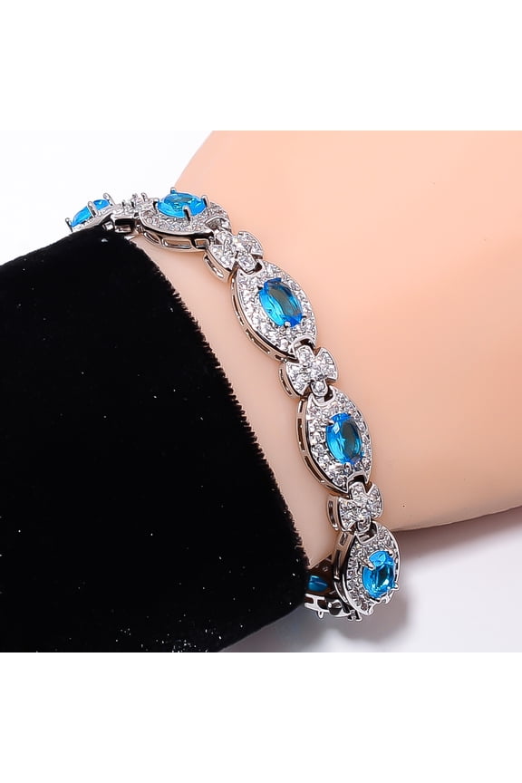 Blue Topaz, CZ 925 Sterling Silver Adjustable Bracelet 7-8" B14068