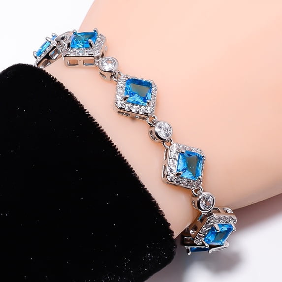 Blue Topaz, CZ 925 Sterling Silver Adjustable Tennis Bracelet 7-8" B141130, Blue Topaz Bracelet, Blue Bracelet, Square Bracelet