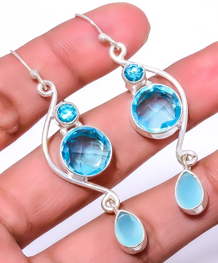 ZAM GEMS Blue Topaz & Chalcedony 925 Silver Plated Earring 2.42" A325, Valentine's Day Gift, Birthday Gift, Beautiful Jewelry For Woman & Girls