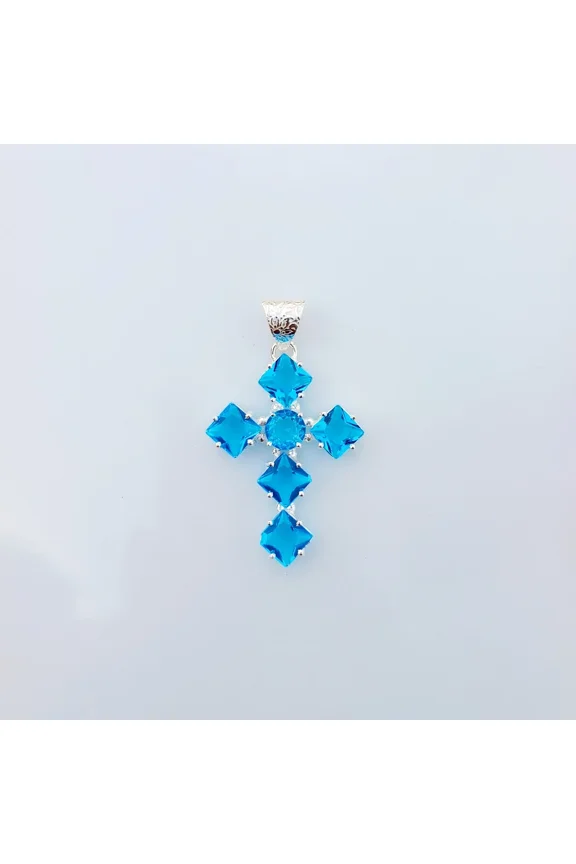 Blue Topaz Cross Pendant 925 Sterling Silver Polished Handmade Gemstone Jewelry 2.20 Inch