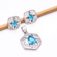 thumbnail image 1 of Blue Topaz, Cubic Zirconia 925 Sterling Silver Platinum Plated Pendant Earring Set P81217, Blue Topaz Pendant Earring Set, Gift For Her, Pear Pendant, 1 of 2