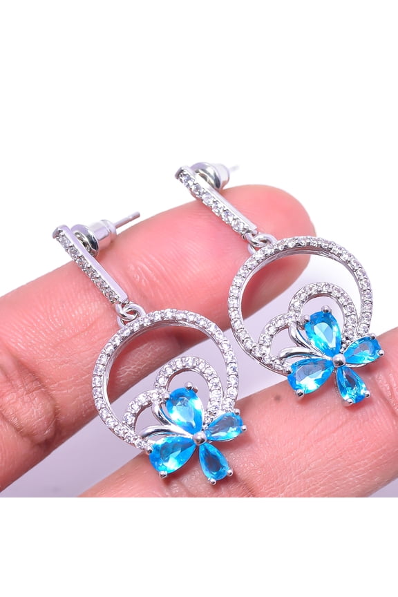 Blue Topaz & Cubic Zirconia Gemstone 925 Sterling Silver Earring 1.56" E13 , New Year Gift, New Year Sale, Valentin's Day Gift