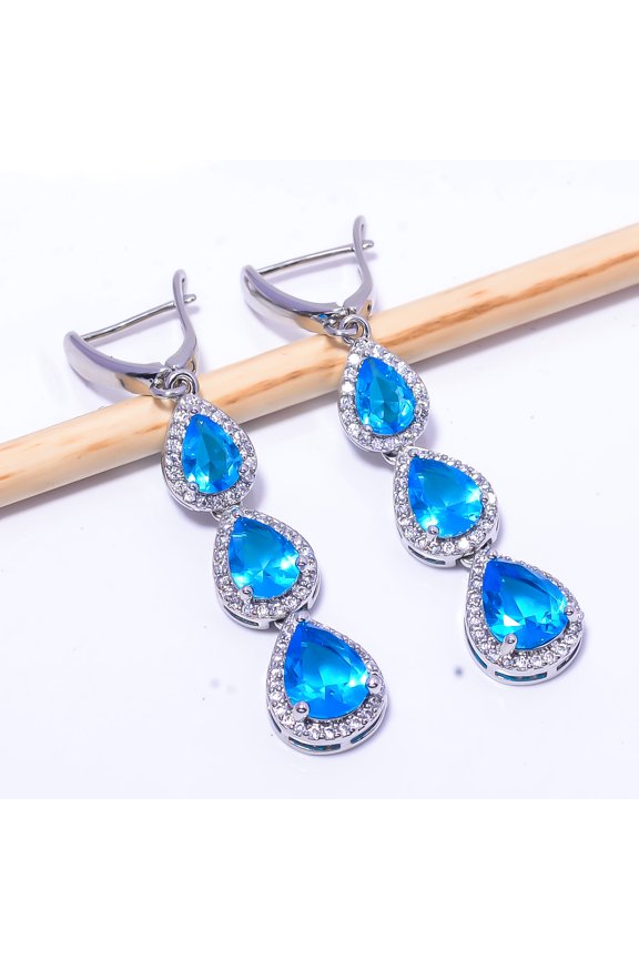 Blue Topaz & Cubic Zirconia Gemstone 925 Sterling Silver Earring 2.11" E6 , New Year Gift, New Year Sale, Valentin's Day Gift