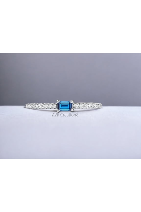 Blue Topaz & Diamond Baguette Cut Engagement Ring, 925 Sterling Silver December Birthstone Stacking Ring